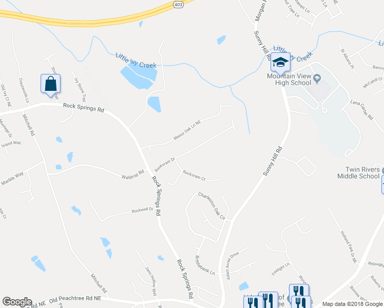 map of restaurants, bars, coffee shops, grocery stores, and more near 1925 Rocksram Drive in Buford