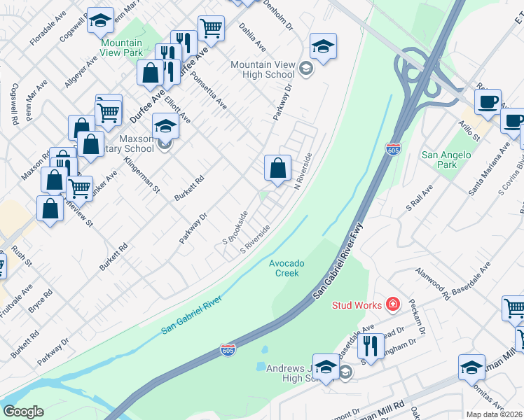 map of restaurants, bars, coffee shops, grocery stores, and more near 12700 Elliott Avenue in El Monte