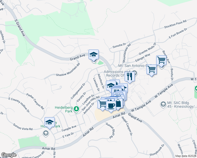map of restaurants, bars, coffee shops, grocery stores, and more near 1453 Atterbury Drive in Walnut