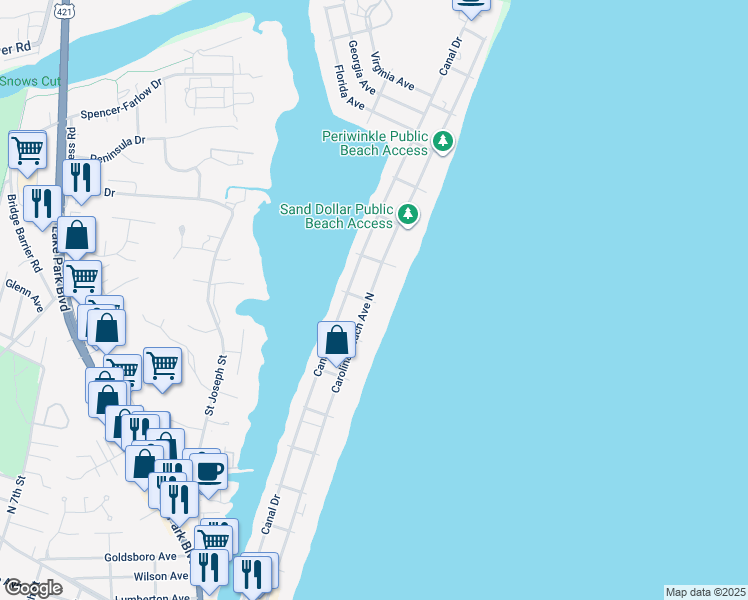 map of restaurants, bars, coffee shops, grocery stores, and more near 1100 Carolina Beach Avenue North in Carolina Beach