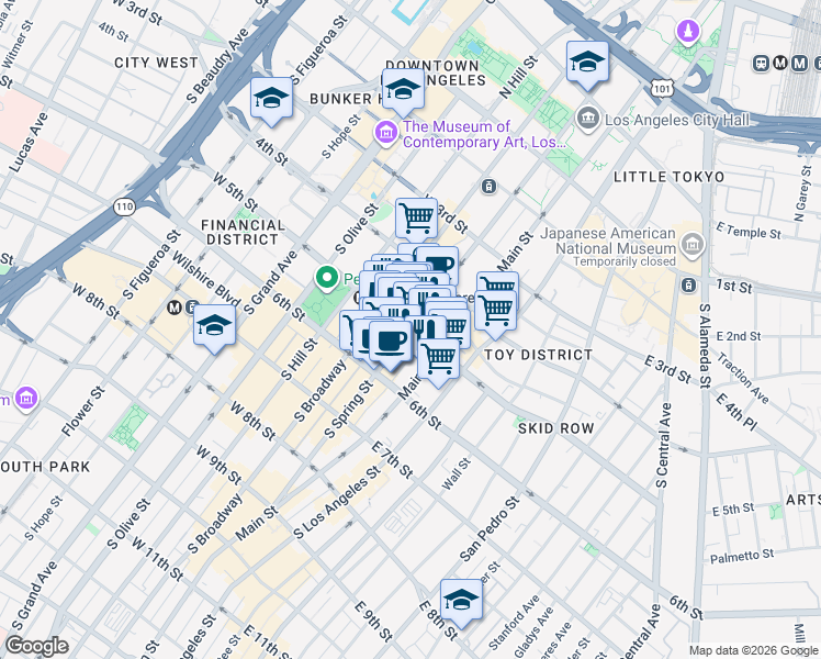map of restaurants, bars, coffee shops, grocery stores, and more near S Spring St & W 5th St in Los Angeles