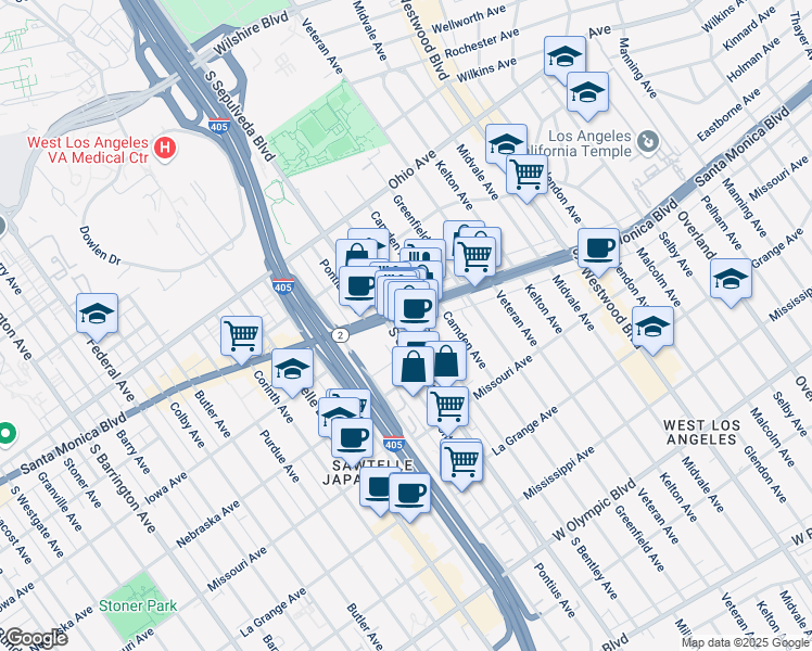map of restaurants, bars, coffee shops, grocery stores, and more near 1727 South Bentley Avenue in Los Angeles