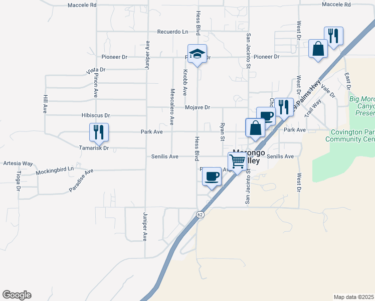 map of restaurants, bars, coffee shops, grocery stores, and more near 49484 Senilis Avenue in Morongo Valley