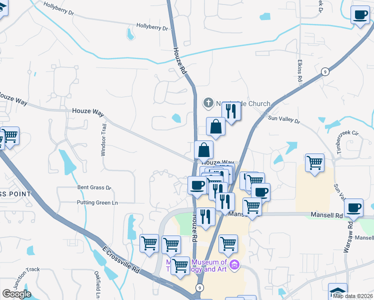 map of restaurants, bars, coffee shops, grocery stores, and more near 515 Houze Way in Roswell