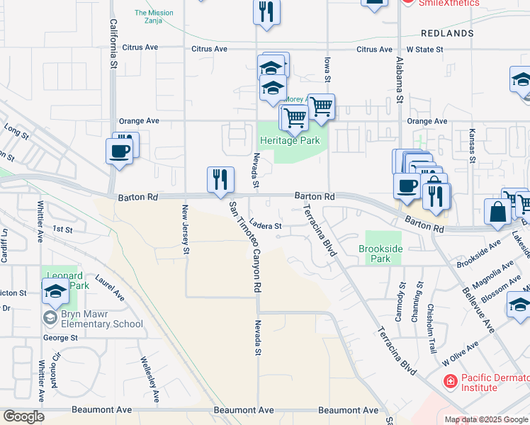 map of restaurants, bars, coffee shops, grocery stores, and more near 26842 Ladera Street in Redlands