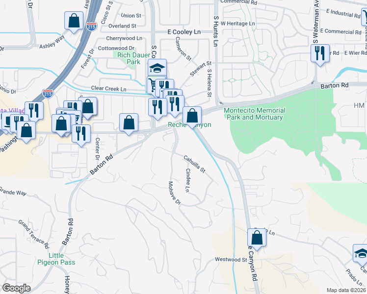 map of restaurants, bars, coffee shops, grocery stores, and more near 1286 Mohave Drive in Colton