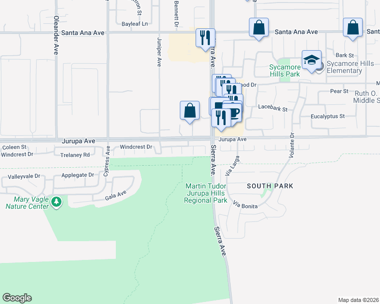 map of restaurants, bars, coffee shops, grocery stores, and more near 11363 Bennett Circle in Fontana