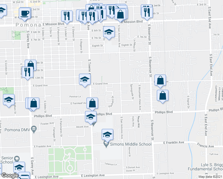 map of restaurants, bars, coffee shops, grocery stores, and more near 1338 Packard Drive in Pomona