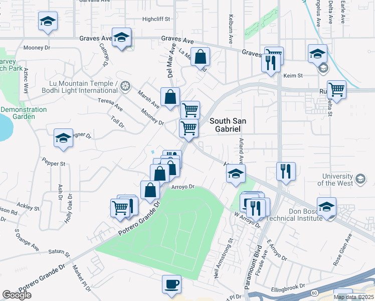 map of restaurants, bars, coffee shops, grocery stores, and more near 1400 Titan Court in Rosemead