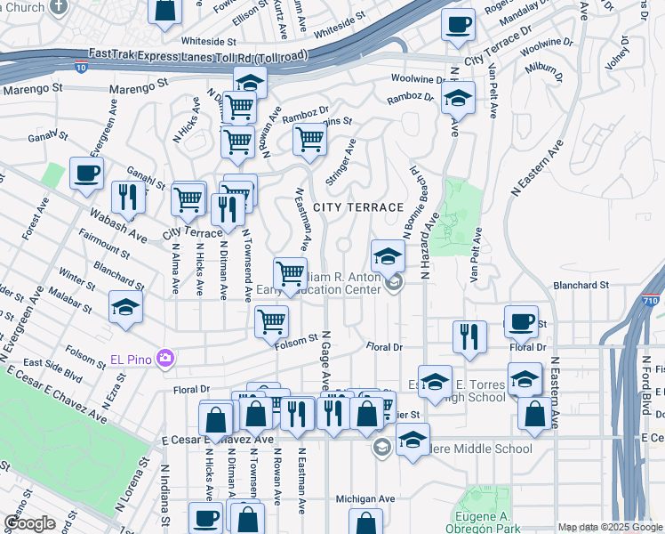 map of restaurants, bars, coffee shops, grocery stores, and more near 931 North Gage Avenue in Los Angeles