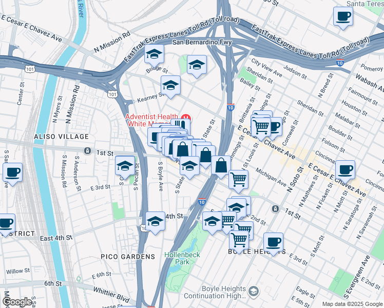 map of restaurants, bars, coffee shops, grocery stores, and more near 1914 Pennsylvania Avenue in Los Angeles