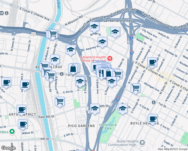 map of restaurants, bars, coffee shops, grocery stores, and more near 1726 East 1st Street in Los Angeles