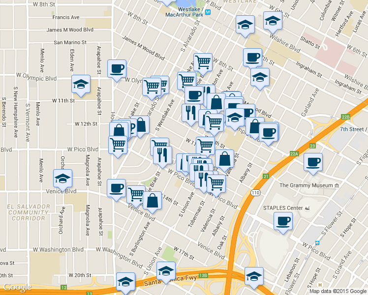 map of restaurants, bars, coffee shops, grocery stores, and more near 1664 1/2 West 12th Street in Los Angeles