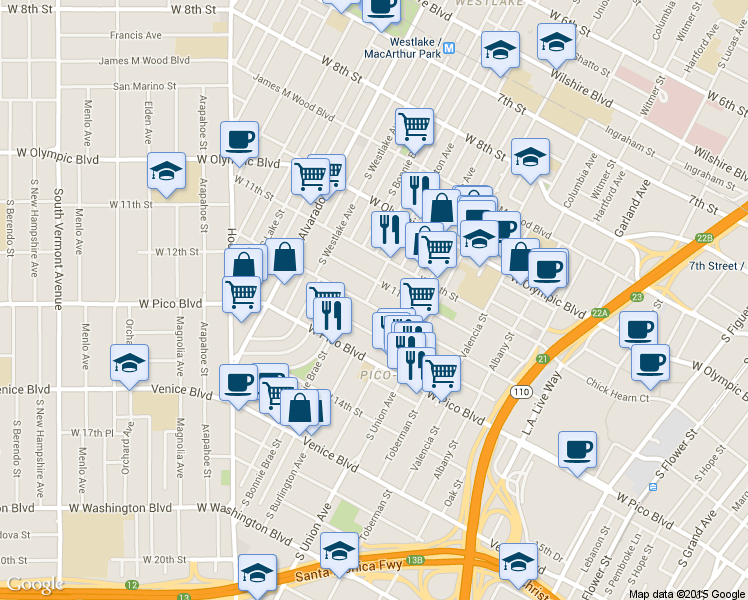map of restaurants, bars, coffee shops, grocery stores, and more near 1664 1/2 West 12th Street in Los Angeles
