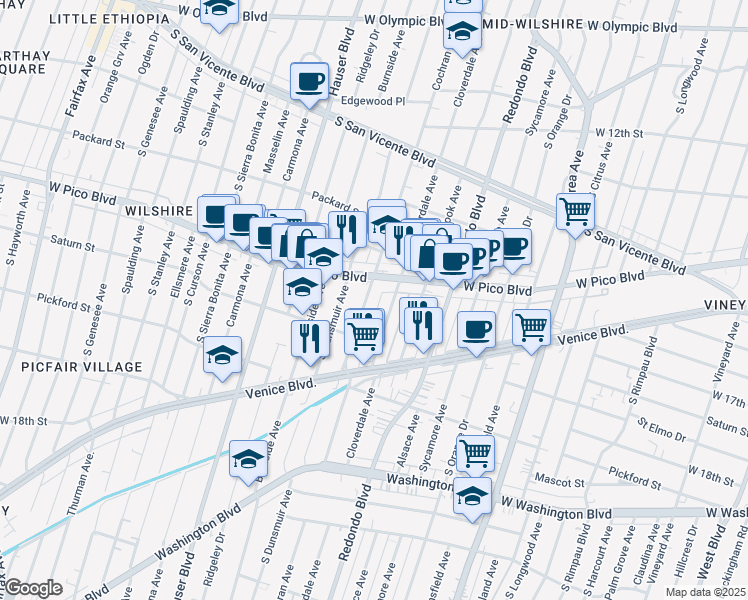map of restaurants, bars, coffee shops, grocery stores, and more near 1442 South Cochran Avenue in Los Angeles