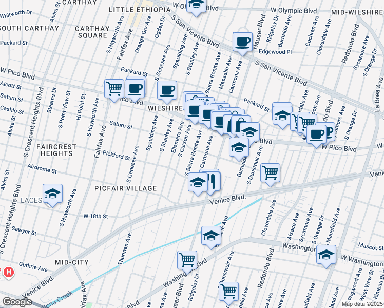 map of restaurants, bars, coffee shops, grocery stores, and more near 1519 Carmona Avenue in Los Angeles
