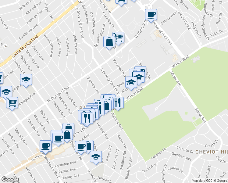 map of restaurants, bars, coffee shops, grocery stores, and more near 10424 Ilona Avenue in Los Angeles