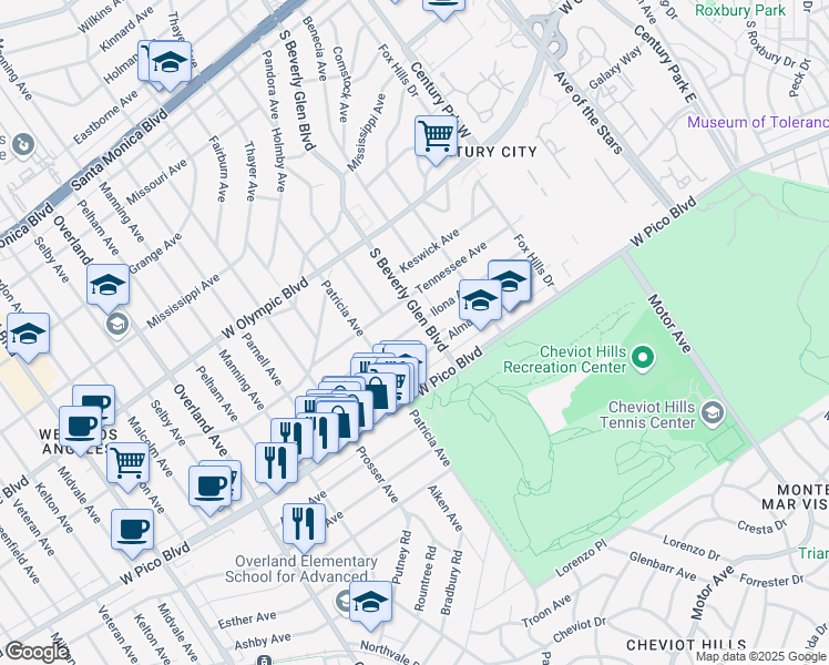 map of restaurants, bars, coffee shops, grocery stores, and more near 10424 Ilona Avenue in Los Angeles