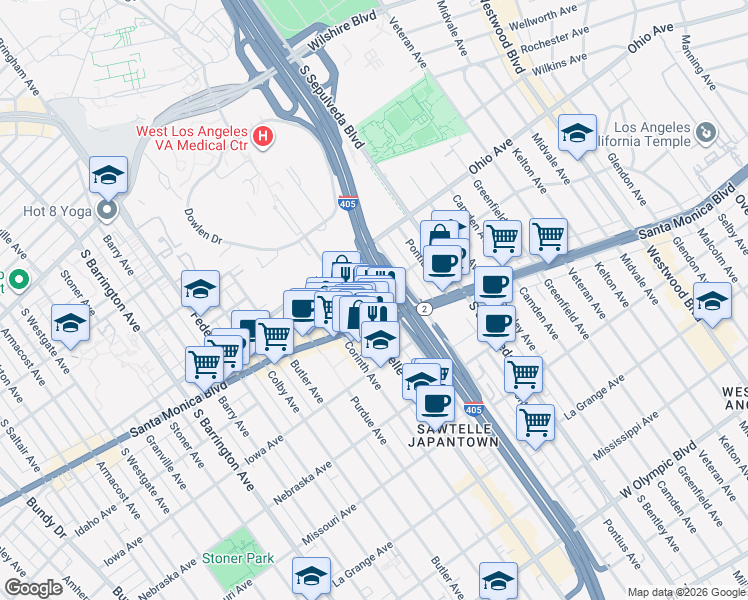map of restaurants, bars, coffee shops, grocery stores, and more near 11261 Santa Monica Boulevard in Los Angeles