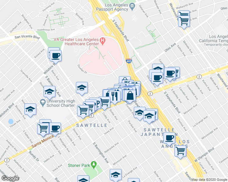 map of restaurants, bars, coffee shops, grocery stores, and more near 1527 Corinth Avenue in Los Angeles