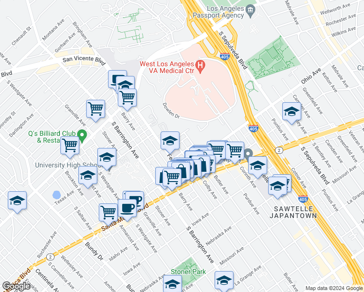 map of restaurants, bars, coffee shops, grocery stores, and more near 1415 Colby Avenue in Los Angeles