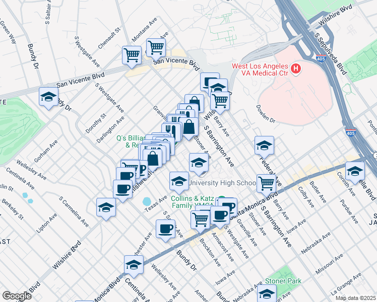 map of restaurants, bars, coffee shops, grocery stores, and more near 1222 South Westgate Avenue in Los Angeles