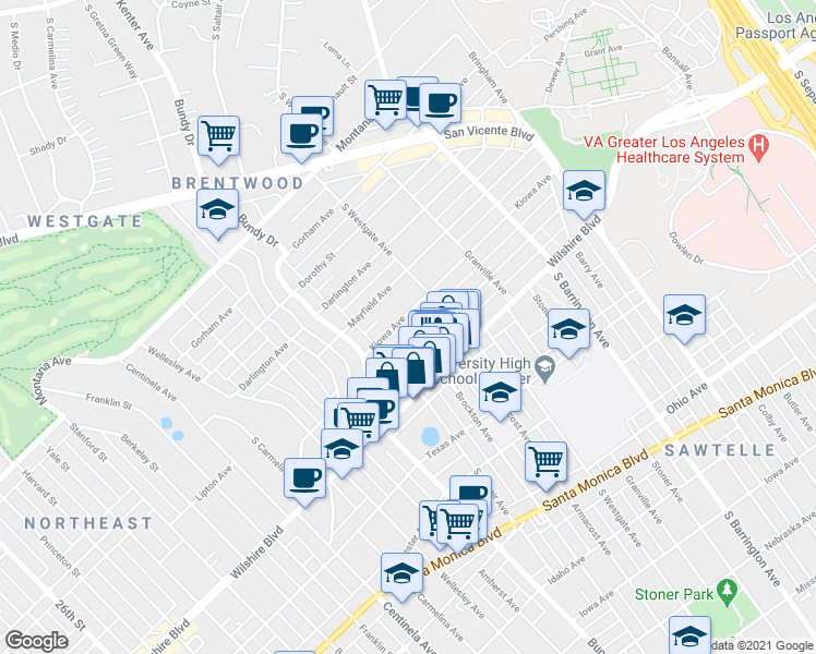 map of restaurants, bars, coffee shops, grocery stores, and more near 11964 Kiowa Avenue in Los Angeles