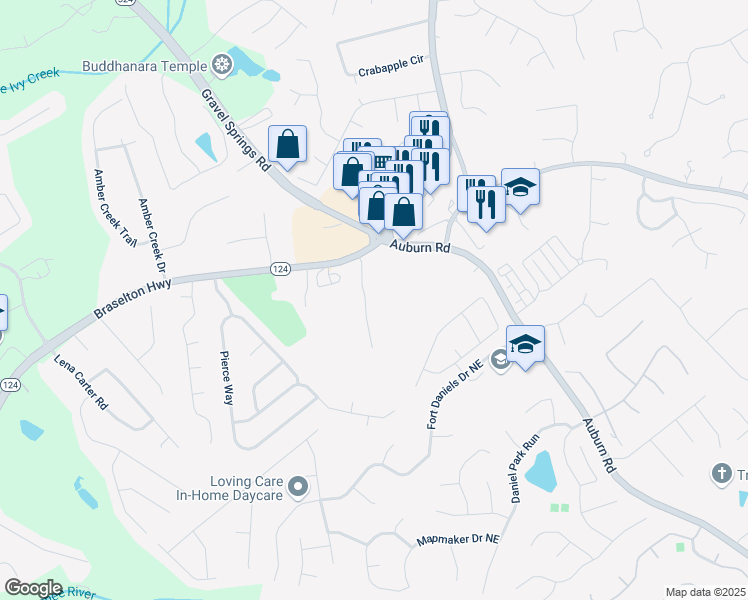 map of restaurants, bars, coffee shops, grocery stores, and more near 1885 Oak Wind Lane Northeast in Buford