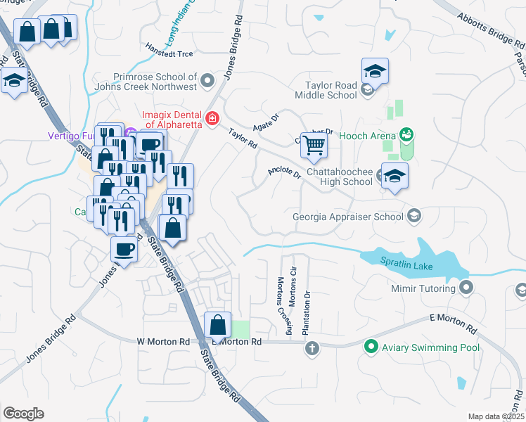 map of restaurants, bars, coffee shops, grocery stores, and more near 130 Anclote Court in Alpharetta