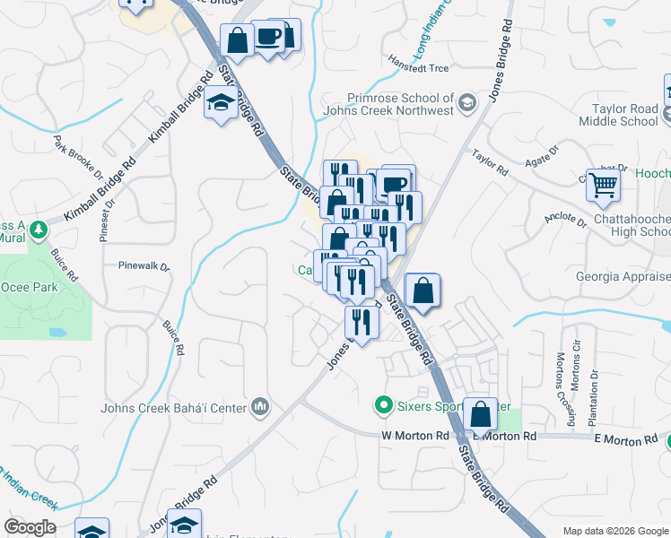 map of restaurants, bars, coffee shops, grocery stores, and more near 4630 Valais Court in Johns Creek
