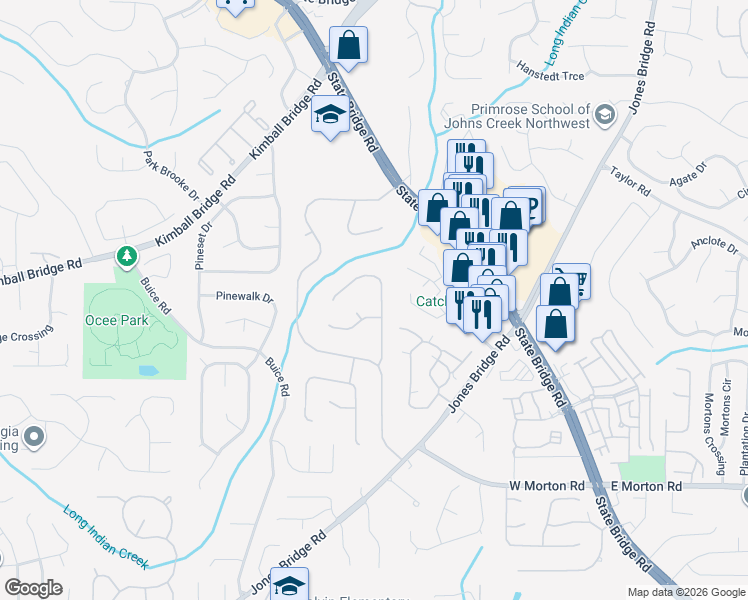 map of restaurants, bars, coffee shops, grocery stores, and more near 10920 Spotted Pony Trail in Alpharetta