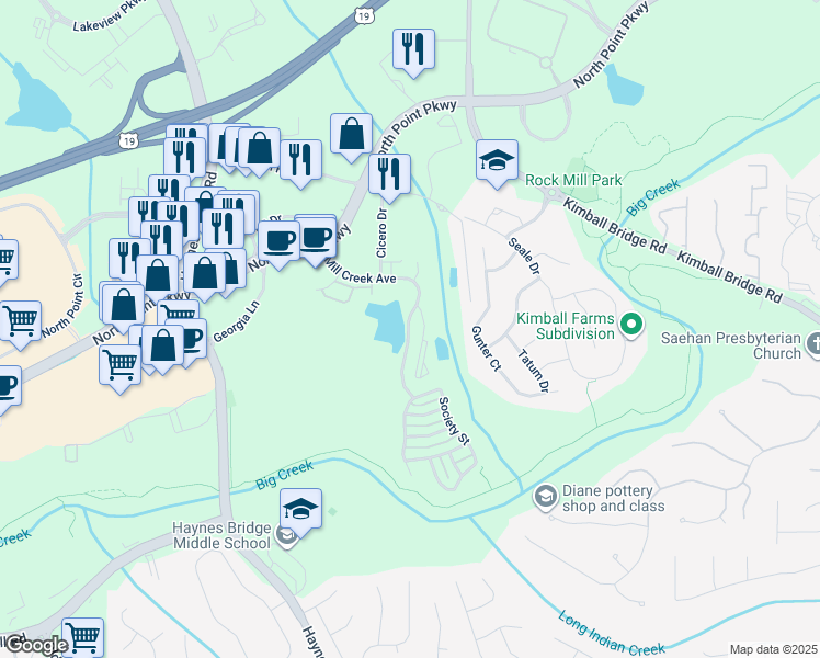 map of restaurants, bars, coffee shops, grocery stores, and more near 42115 Mill Creek Avenue in Alpharetta