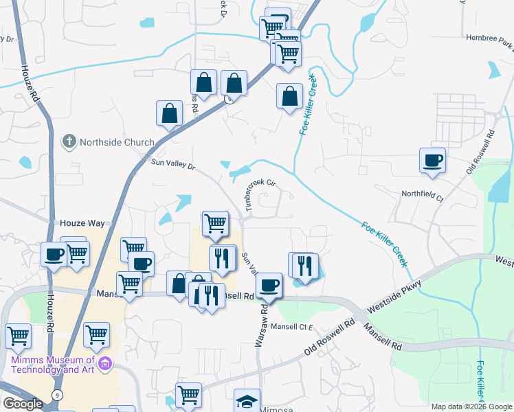 map of restaurants, bars, coffee shops, grocery stores, and more near 5303 Falling Water Terrace in Roswell