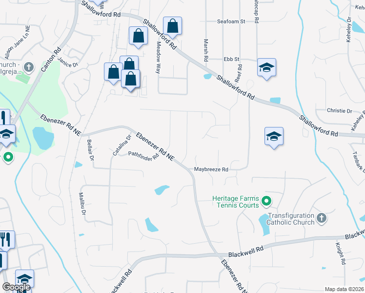 map of restaurants, bars, coffee shops, grocery stores, and more near 3951 Philmont Drive in Marietta