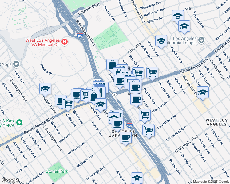 map of restaurants, bars, coffee shops, grocery stores, and more near 11185 California 2 in Los Angeles