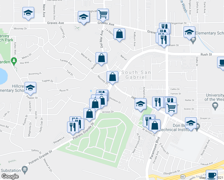 map of restaurants, bars, coffee shops, grocery stores, and more near in Rosemead