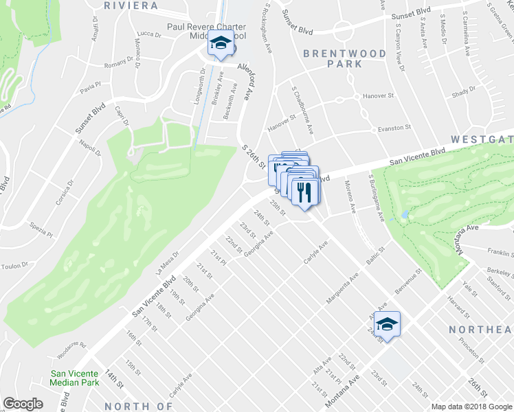 map of restaurants, bars, coffee shops, grocery stores, and more near 203 24th Street in Santa Monica