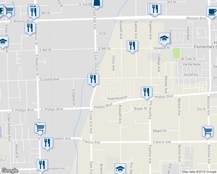 map of restaurants, bars, coffee shops, grocery stores, and more near 11363 Chandler Lane in Pomona