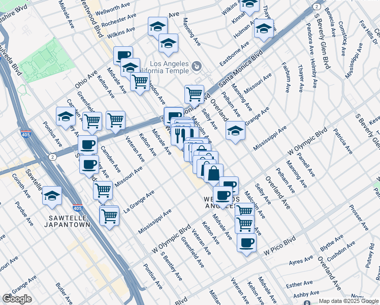 map of restaurants, bars, coffee shops, grocery stores, and more near 1990 Westwood Boulevard in Los Angeles
