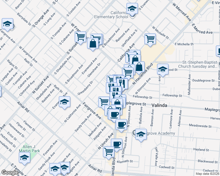 map of restaurants, bars, coffee shops, grocery stores, and more near 1422 North California Avenue in La Puente