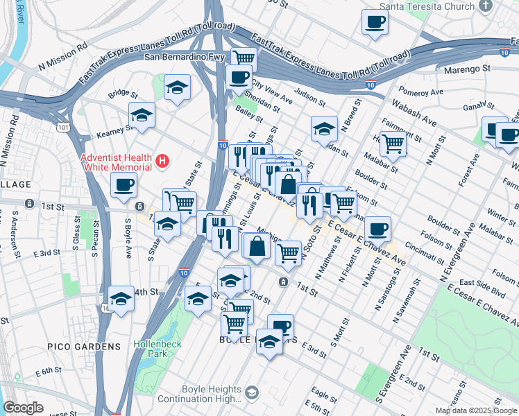 map of restaurants, bars, coffee shops, grocery stores, and more near 312 North Saint Louis Street in Los Angeles