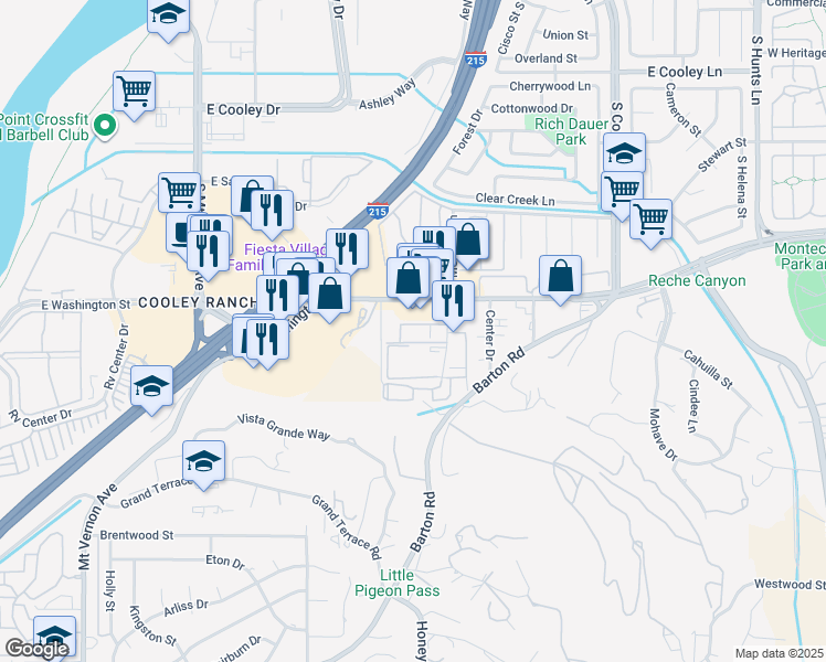 map of restaurants, bars, coffee shops, grocery stores, and more near 1251 South Meadow Lane in Colton