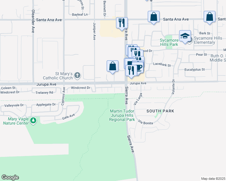map of restaurants, bars, coffee shops, grocery stores, and more near 11363 Bennett Circle in Fontana