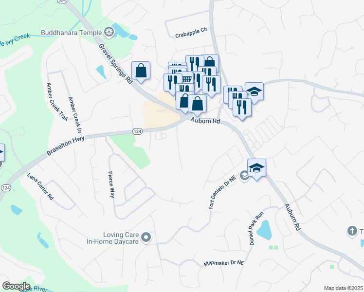 map of restaurants, bars, coffee shops, grocery stores, and more near 1885 Oak Wind Lane Northeast in Buford