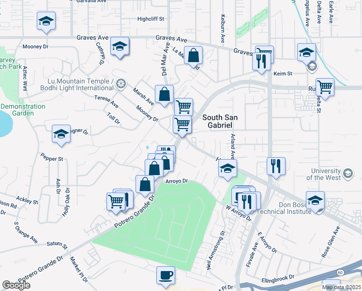 map of restaurants, bars, coffee shops, grocery stores, and more near 1540 Potrero Grande Drive in Rosemead