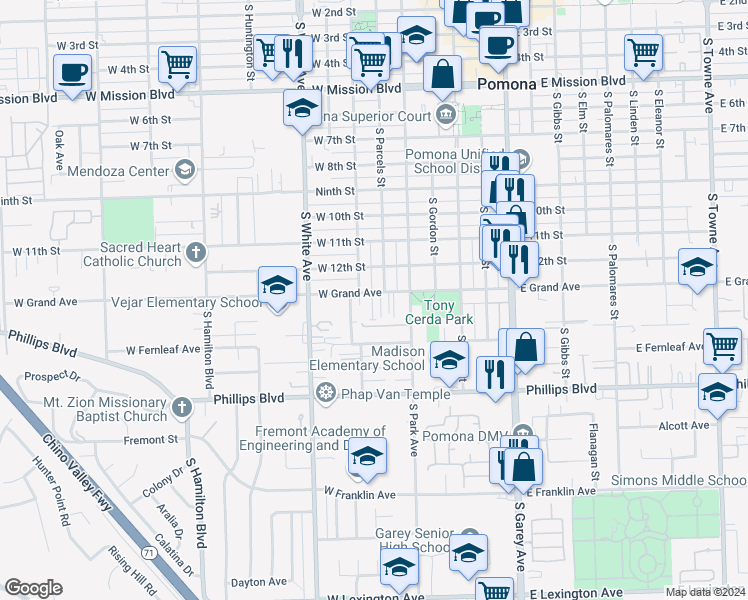 map of restaurants, bars, coffee shops, grocery stores, and more near 650 West Grand Avenue in Pomona