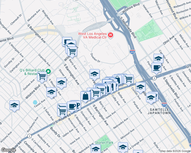 map of restaurants, bars, coffee shops, grocery stores, and more near 1415 Colby Avenue in Los Angeles