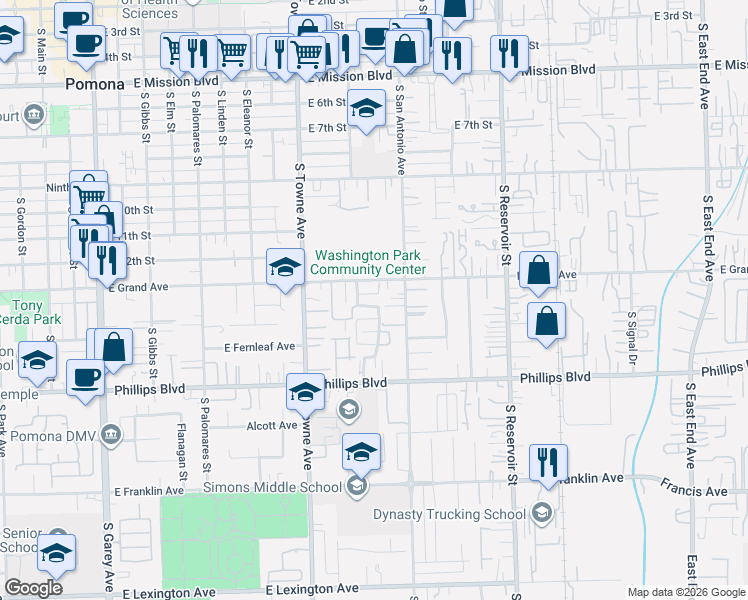 map of restaurants, bars, coffee shops, grocery stores, and more near 1338 Packard Drive in Pomona