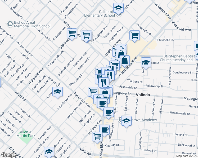 map of restaurants, bars, coffee shops, grocery stores, and more near 1422 North California Avenue in La Puente