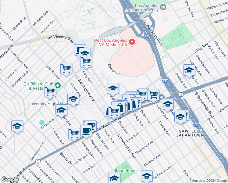 map of restaurants, bars, coffee shops, grocery stores, and more near 11540 Rochester Avenue in Los Angeles